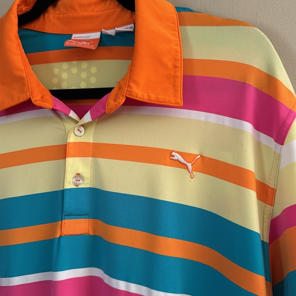 PUMA Golf Sport Lifestyle Polo Men’s Size XL Dry Cell Orange/Pink Roadmap Stripe - Picture 2 of 7